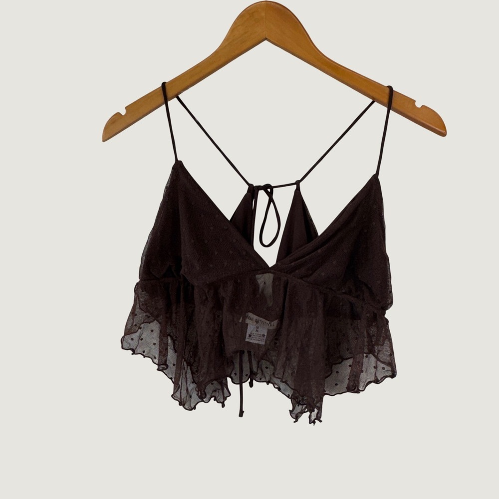 Urban Outfitters Mesh Polka Dot Ruffle Crop Top M Brown Fairycore Coquette Y2K